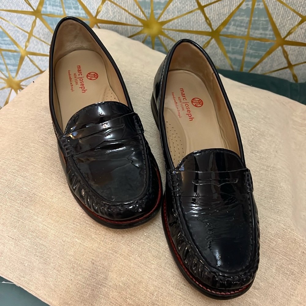 Marc Joseph navy patent loafers